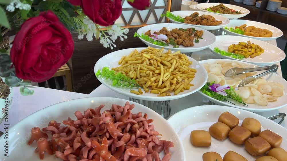 Food is offered on white plates. Buffet potatoes sausages Donuts fish fried in batter Food is offered on white plates. Buffet potatoes sausages Donuts fish fried in batter