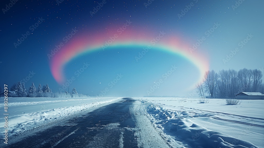 Aurora Borealis Over Snow-Covered Road. Glowing arc of aurora borealis illuminates a snow-covered road, with vibrant colors contrasting against the clear night sky. Aurora Borealis Over Snow-Covered Road. Glowing arc of aurora borealis illuminates a snow-covered road, with vibrant colors contrasting against the clear night sky.