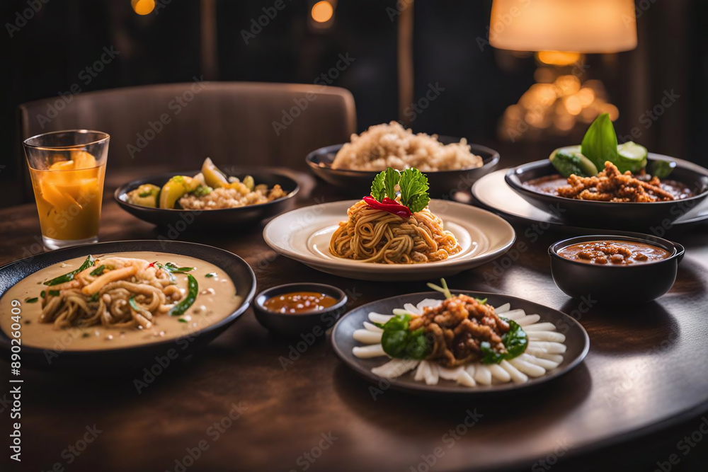 Group of favorite Thai Food, Tom Yam Kung, chicken, beef and pork on wood table. Group of favorite Thai Food, Tom Yam Kung, chicken, beef and pork on wood table.