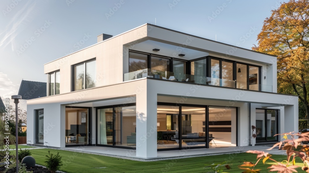 A contemporary, modular home with a clean, white exterior, large windows, and a smart home automation system. A contemporary, modular home with a clean, white exterior, large windows, and a smart home automation system.