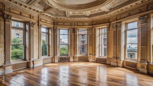 Cozy vacant Glasgow tenement flat with high ceilings  large windows  and ornate moldings  awaiting renovation and modernization.