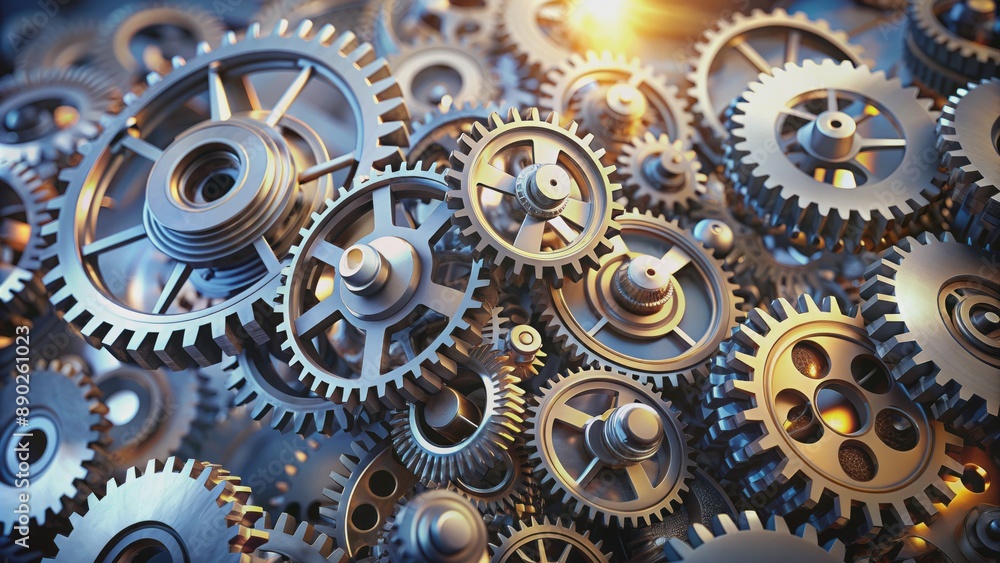 Intricate network of metallic gears and cogs seamlessly interconnected, rotating in harmony, symbolizing efficiency and precision, with transparent background. Intricate network of metallic gears and cogs seamlessly interconnected, rotating in harmony, symbolizing efficiency and precision, with transparent background.