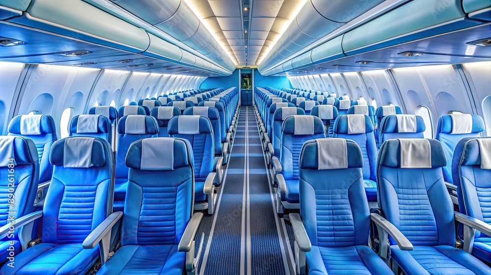 Obraz premium Interior view of an empty airplane cabin featuring rows of blue seats, ready for passengers.
