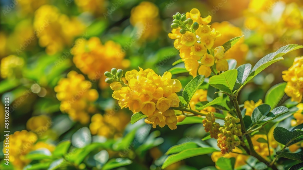 Vibrant yellow blooms of Ringworm shrub, also known as Candle Bush, unfold amidst lush green foliage in natural sunlight outdoors. Vibrant yellow blooms of Ringworm shrub, also known as Candle Bush, unfold amidst lush green foliage in natural sunlight outdoors.