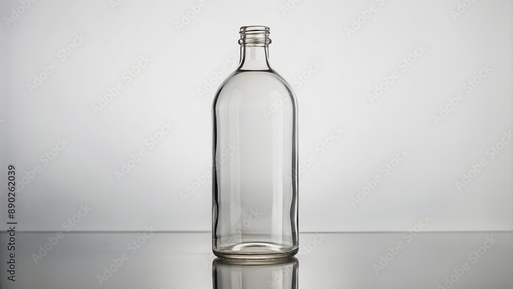 Clear empty glass bottle with rounded body and narrow neck standing upright on a clean white isolated background. Clear empty glass bottle with rounded body and narrow neck standing upright on a clean white isolated background.
