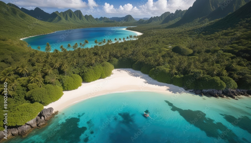 Island in the middle of the ocean with green trees and some side beach Island in the middle of the ocean with green trees and some side beach