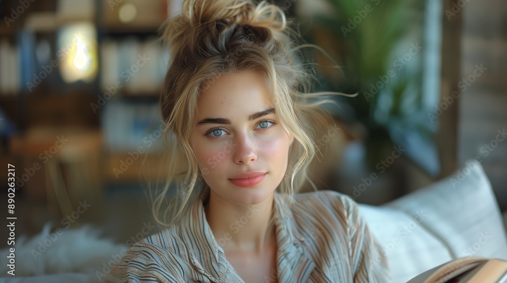 Fototapeta premium Blonde Woman With Blue Eyes Posing In A Home Setting