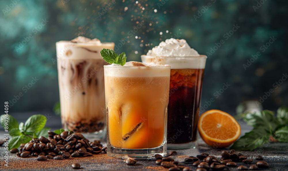 Cold coffee on a dark background. Black coffee with milk and ice cubes. ICE coffee. Pour cream into coffee. Place for text. Copy space. Cold coffee on a dark background. Black coffee with milk and ice cubes. ICE coffee. Pour cream into coffee. Place for text. Copy space.