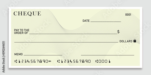 Blank bank check, checkbook cheque template with yellow guilloche, with wavy pattern vector mockup.