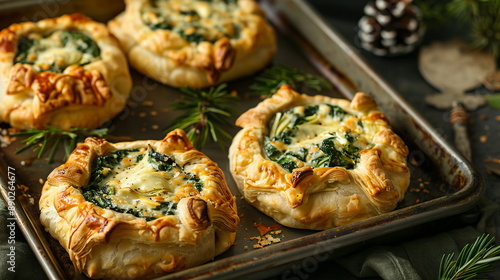 A tray of savory puff pastry appetizers filled with creamy spinach and artichoke dip, baked to golden perfection and served warm for holiday gatherings. Festive atmosphere of Christmas and New Year © SappiStudio