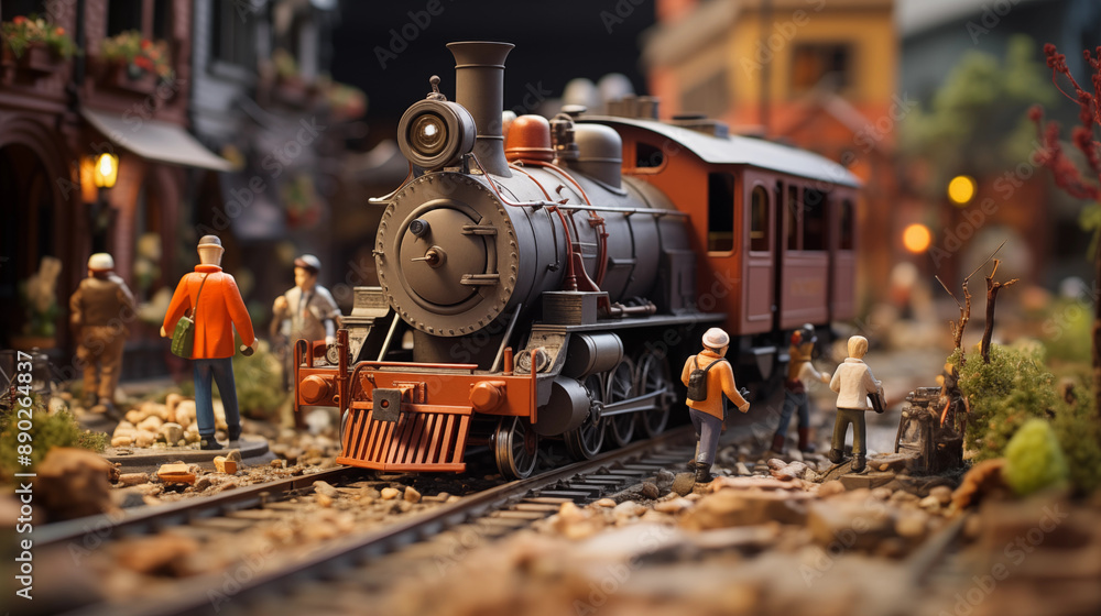 A detailed model train scene with a steam locomotive and figures in a lively miniature town setting. A detailed model train scene with a steam locomotive and figures in a lively miniature town setting.