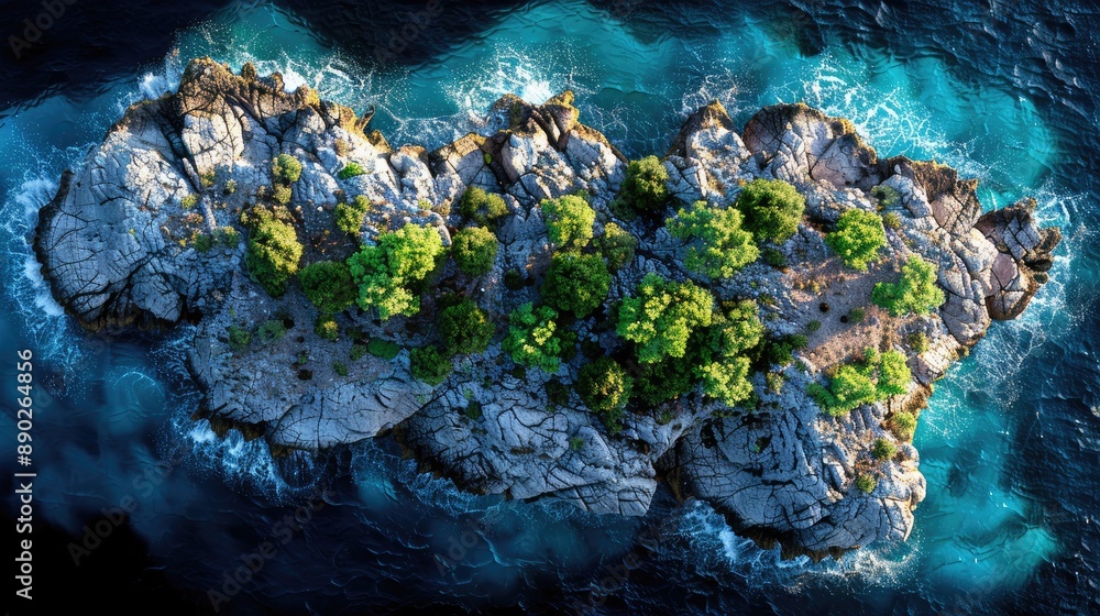Island in the middle of the ocean with green trees and some side beach Island in the middle of the ocean with green trees and some side beach
