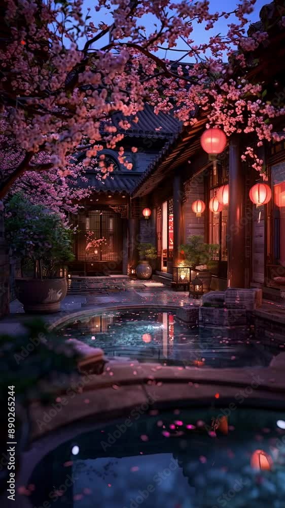Lovely home adorned with cherry blossoms and lanterns. Lovely home adorned with cherry blossoms and lanterns.