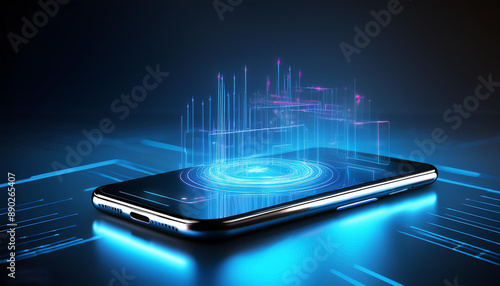 Wallpaper Mural a phone with holographic element; Digital online marketing commerce sale concept; Stock market and finance concepts; Futuristic digital technology smartphone with biometric screen Torontodigital.ca