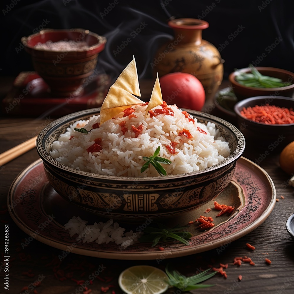 A colorful bowl of fluffy rice pilaf mixed with a variety of vibrant veggies and fragrant herbs, presented beautifully on a dark background, creating a visually appealing and appetizing image. A colorful bowl of fluffy rice pilaf mixed with a variety of vibrant veggies and fragrant herbs, presented beautifully on a dark background, creating a visually appealing and appetizing image.