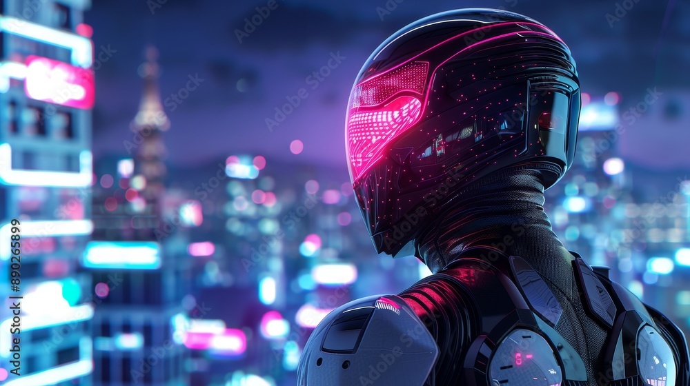 Cybernetic warrior in a high-tech suit, standing on a rooftop overlooking a city illuminated by neon signs and holograms Cybernetic warrior in a high-tech suit, standing on a rooftop overlooking a city illuminated by neon signs and holograms