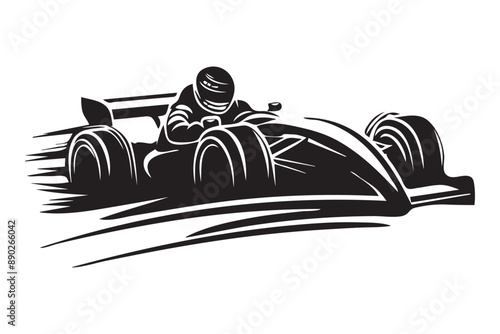 Black flat icon, Race car driver, speeding around a track, Silhouette