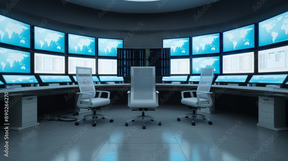 Computerized control room with advanced monitors, holographic interfaces, and a central AI core managing the system Computerized control room with advanced monitors, holographic interfaces, and a central AI core managing the system