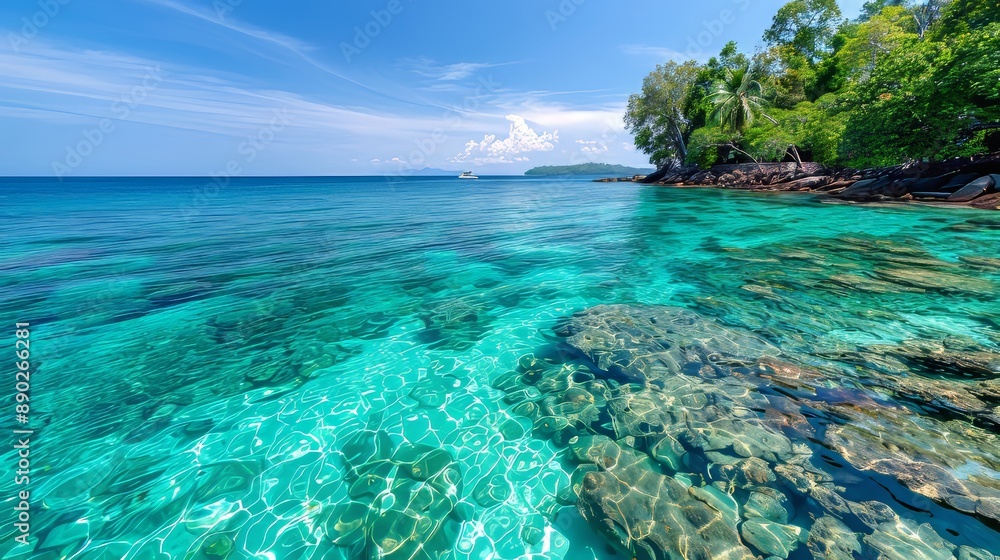 Coastal ecosystem with clear blue waters, coral reefs, and diverse marine life, showcasing the importance of environmental conservation Coastal ecosystem with clear blue waters, coral reefs, and diverse marine life, showcasing the importance of environmental conservation