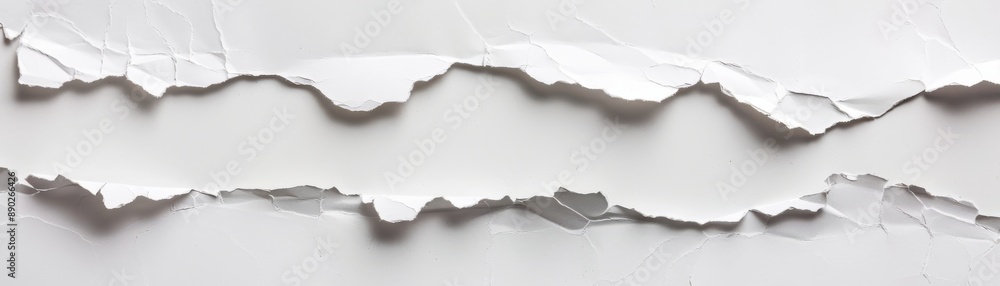 Close-up of two ripped blank sheets of white paper with jagged edges, creating a textured background in a horizontal orientation. Close-up of two ripped blank sheets of white paper with jagged edges, creating a textured background in a horizontal orientation.