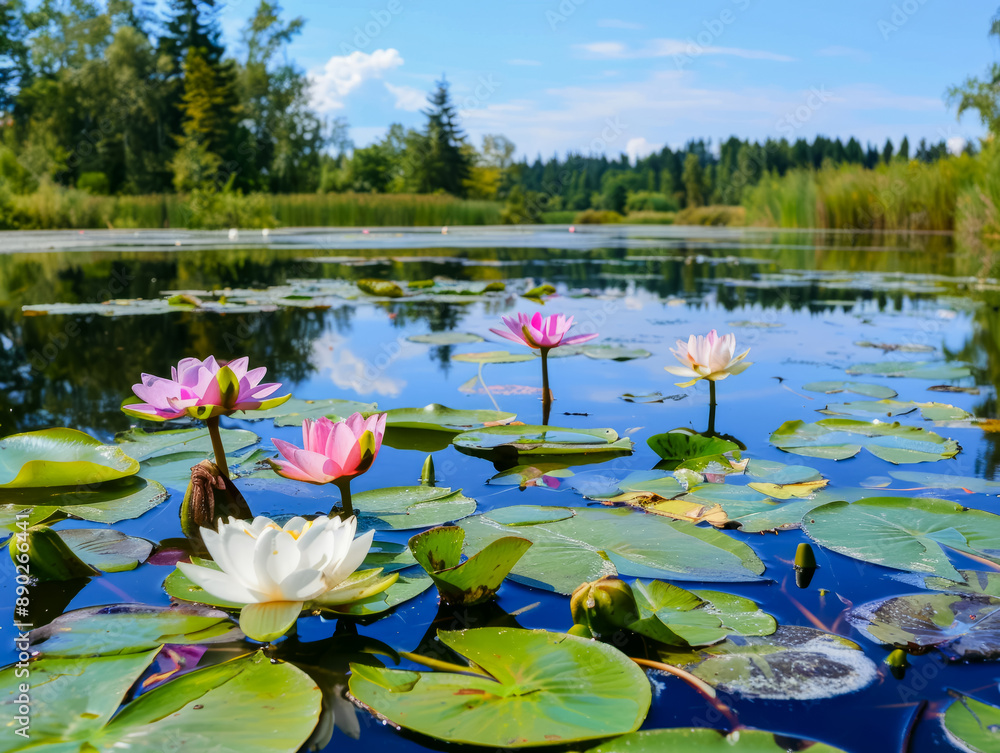Water lilies in bloom on a pond surrounded by trees. Generative AI Water lilies in bloom on a pond surrounded by trees. Generative AI