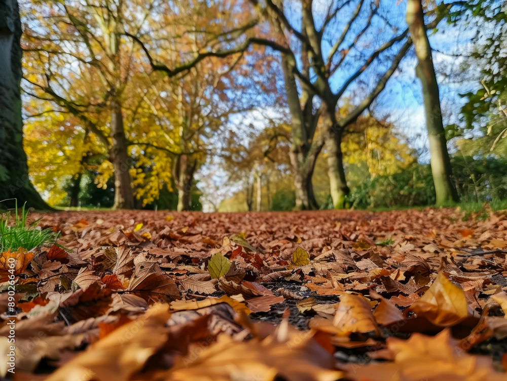 Fallen leaves blanket a path under the canopy of an autumn forest. Generative AI Fallen leaves blanket a path under the canopy of an autumn forest. Generative AI