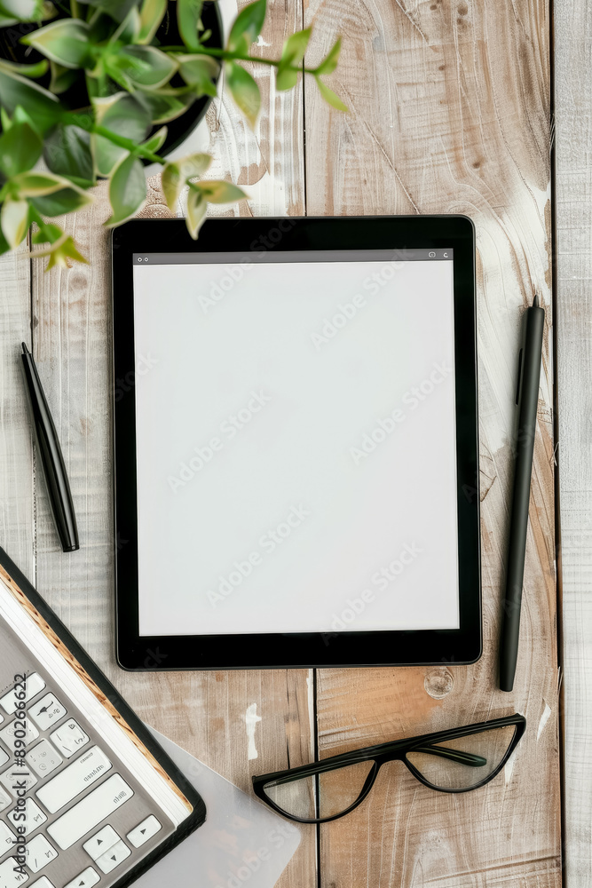 Black tablet, pen, and glasses on wood. Generative AI Black tablet, pen, and glasses on wood. Generative AI