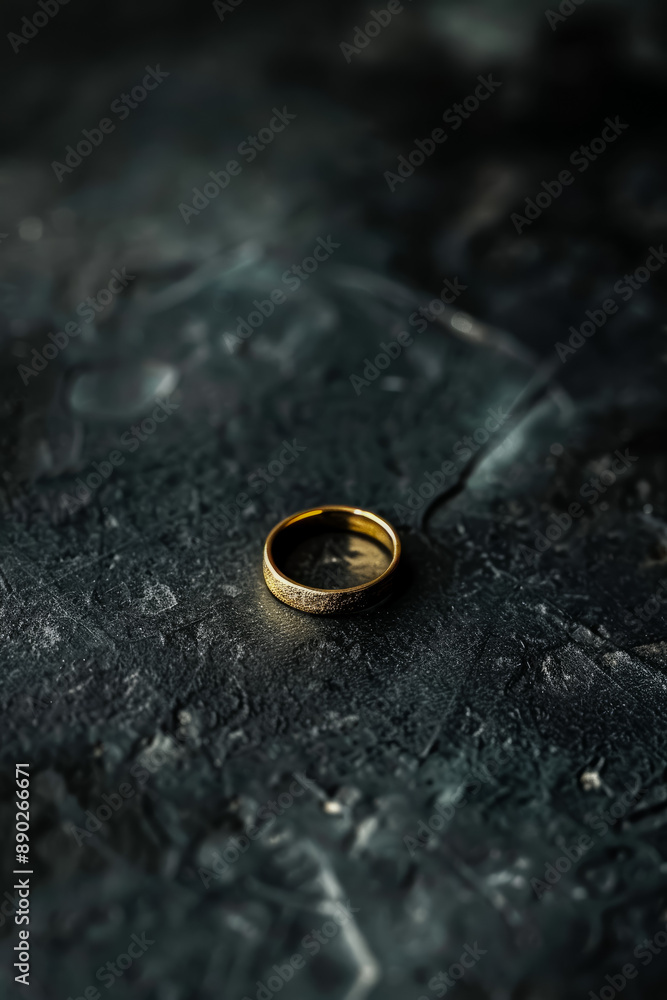 A gold wedding band rests on a dark, textured surface. Generative AI A gold wedding band rests on a dark, textured surface. Generative AI