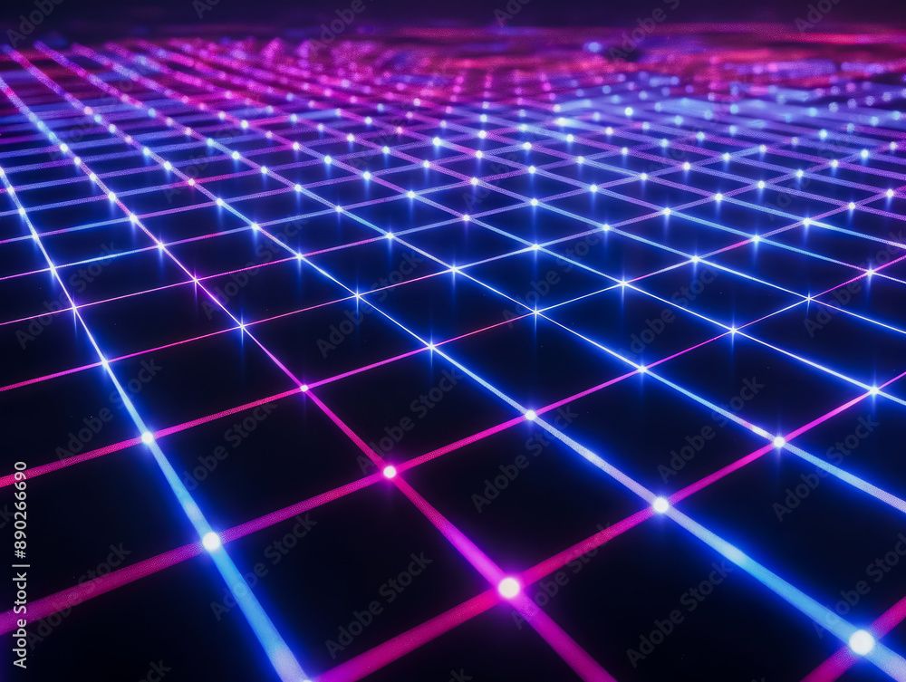 A grid pattern of glowing blue and pink lines with white dots at their intersections. Generative AI A grid pattern of glowing blue and pink lines with white dots at their intersections. Generative AI