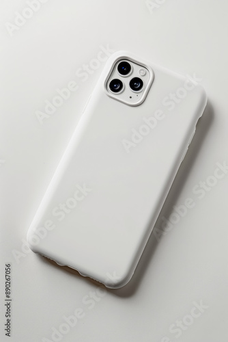 A white smartphone with a triple camera system sits on a white surface. Generative AI