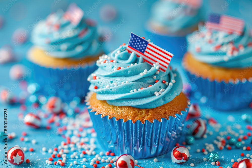 Patriotic dessert with blue frosting and flag decorations Patriotic dessert with blue frosting and flag decorations