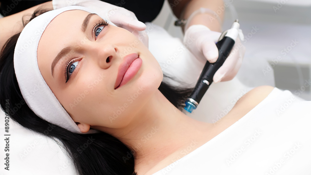 A cosmetologist does a hydrofacial procedure on a woman's face in a modern beauty clinic. Concept of cosmetology, care and healthy skin. A cosmetologist does a hydrofacial procedure on a woman's face in a modern beauty clinic. Concept of cosmetology, care and healthy skin.