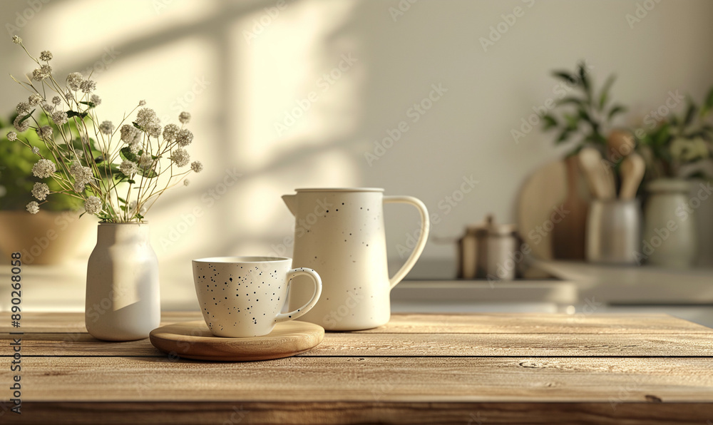 Modern kitchen. Interior of a modern kitchen surface with shelves. Vase with flowers, blooming branches of spring trees. Jars with cereals and spices. Banner. Copy space.Empty wall. Modern kitchen. Interior of a modern kitchen surface with shelves. Vase with flowers, blooming branches of spring trees. Jars with cereals and spices. Banner. Copy space.Empty wall.