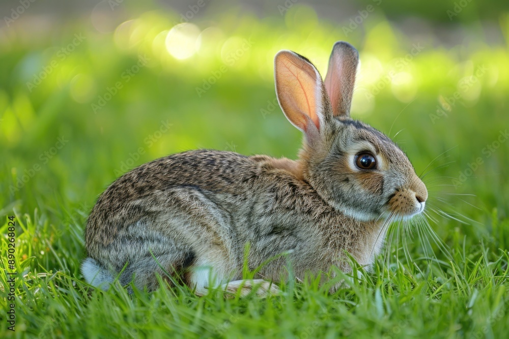 Fototapeta premium Wild Rabbit. Closeup Image of Cute Rabbit Sitting on Grass