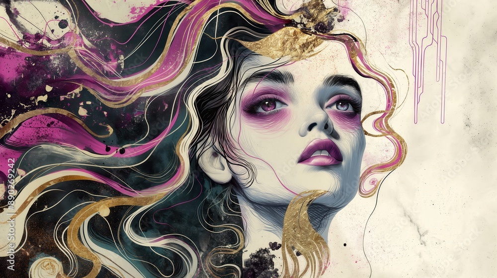 Fototapeta premium Enchanting Portrait: A woman graced with flowing hair adorned by gold leaf and marble detailing, surrounded by whimsical ink swirls in shades of pink, purple, blue, black, and white .