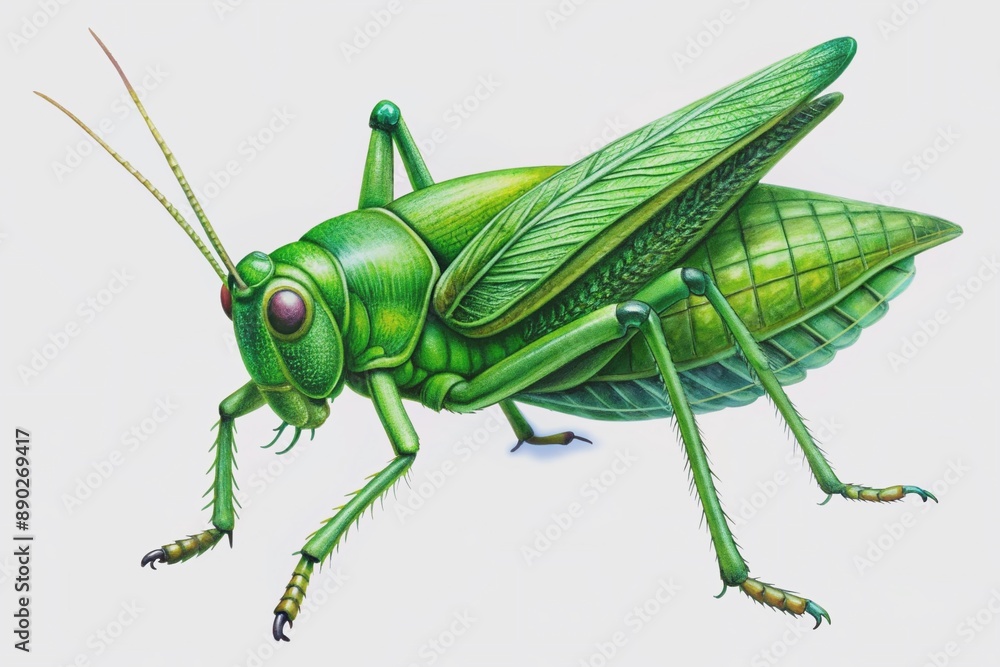 Vibrant green grasshopper with large compound eyes and delicate wings perches on a pristine white background, showcasing its intricate details and natural beauty. Vibrant green grasshopper with large compound eyes and delicate wings perches on a pristine white background, showcasing its intricate details and natural beauty.