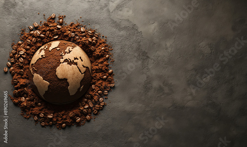 World map made of coffee beans on a texture table. Coffee bean extraction concept. Coffee plantation.	