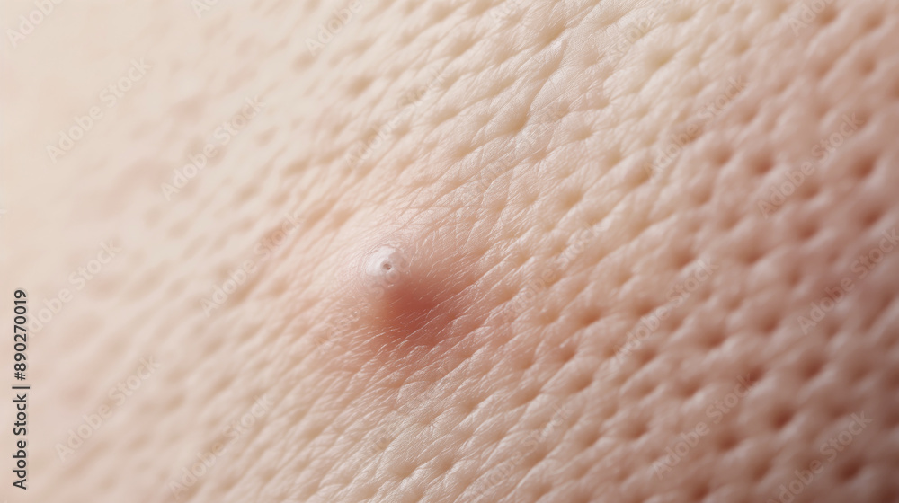 Fototapeta premium Extreme closeup of skin with a single pimple. Detailed view of skin texture and pore visibility