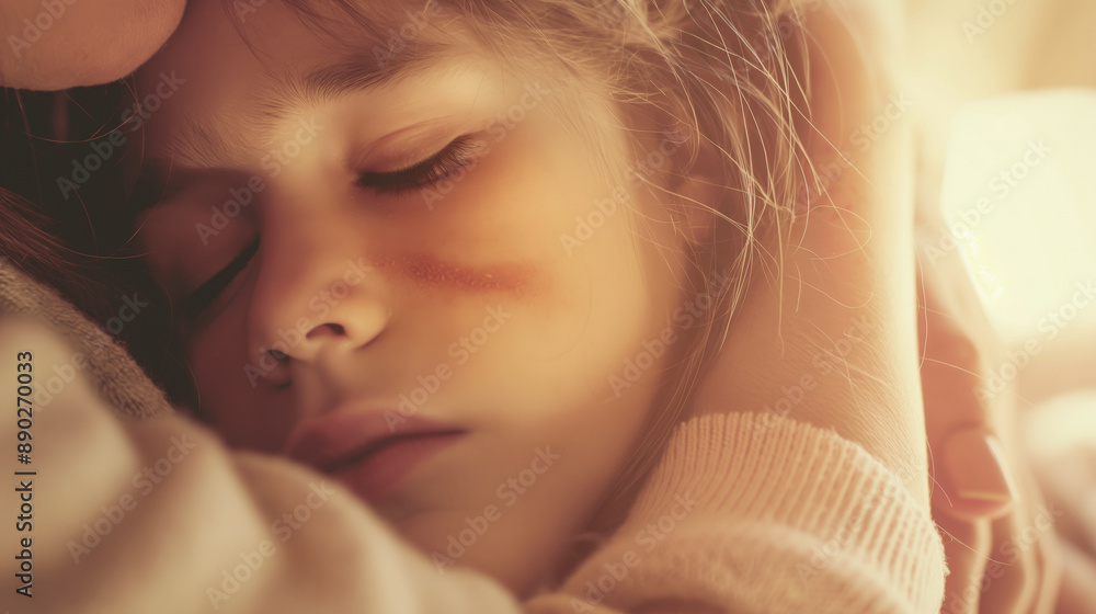 Sleeping girl with a bruise on her cheek resting in someone's arms. Warm lighting creating a comforting and serene atmosphere Sleeping girl with a bruise on her cheek resting in someone's arms. Warm lighting creating a comforting and serene atmosphere