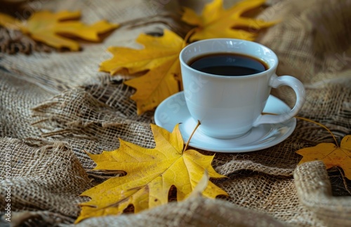 A cozy autumn scene with yellow leaves scattered around,on top of a burlap cloth. Next to it is coffee placed inside a white cup with creatinga cozy atmosphere for fall. photo