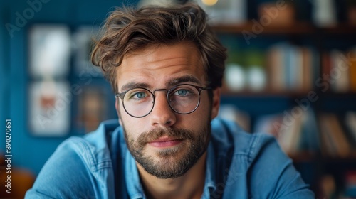 Young Man With Wavy Hair and Glasses Looking Directly at Camera