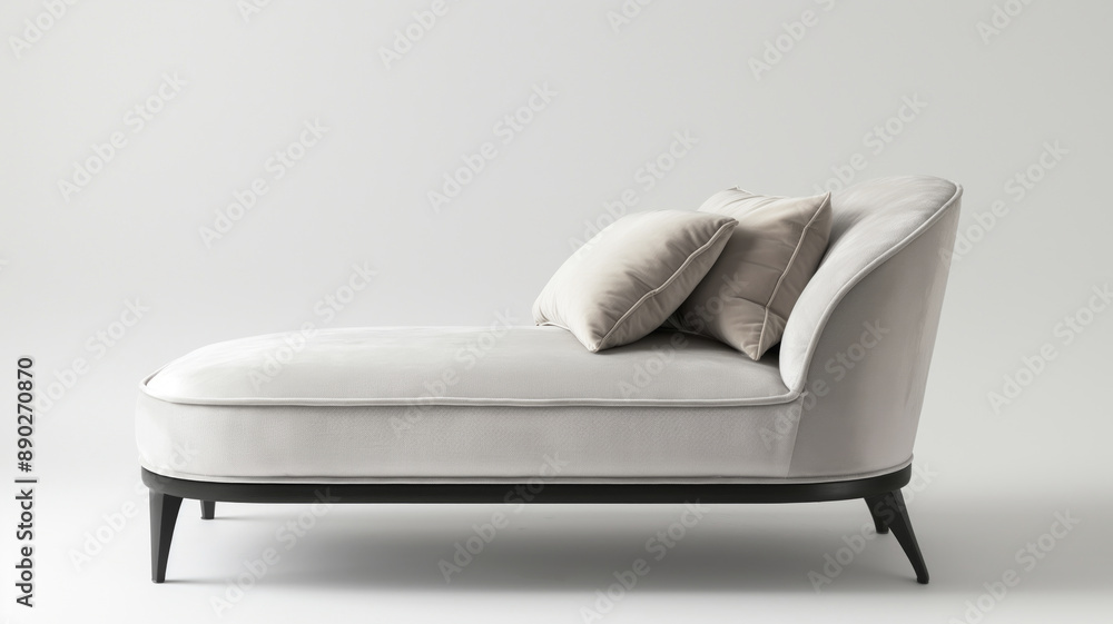 Modern chaise lounge with sleek design and plush cushions. Upholstered in light grey fabric with black wooden legs Modern chaise lounge with sleek design and plush cushions. Upholstered in light grey fabric with black wooden legs