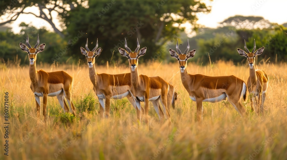 A group of graceful impala gazelles standing in tall grass at sunset. A group of graceful impala gazelles standing in tall grass at sunset.