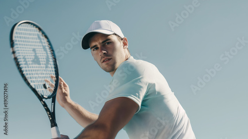 Tennis player preparing to hit a shot, dressed in white shirt and cap under clear sky. Focused expression and athletic build emphasize concentration and physical fitness photo