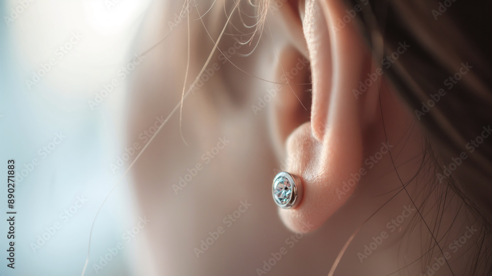 Fototapeta premium Earring with blue gemstone in ear creating elegant and delicate look. Soft light highlights the intricate details of the jewelry