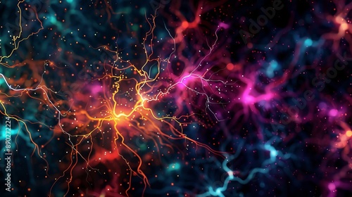 Abstract digital artwork with colorful lightning bolts and glowing particles © woters