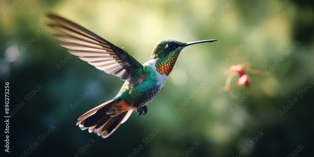 Colorful hummingbird in flight with vibrant green and orange feathers Colorful hummingbird in flight with vibrant green and orange feathers