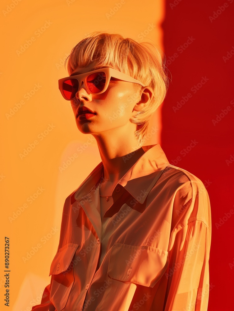 Woman With Blonde Hair and Red Sunglasses Posing in Orange and Red Lighting Woman With Blonde Hair and Red Sunglasses Posing in Orange and Red Lighting