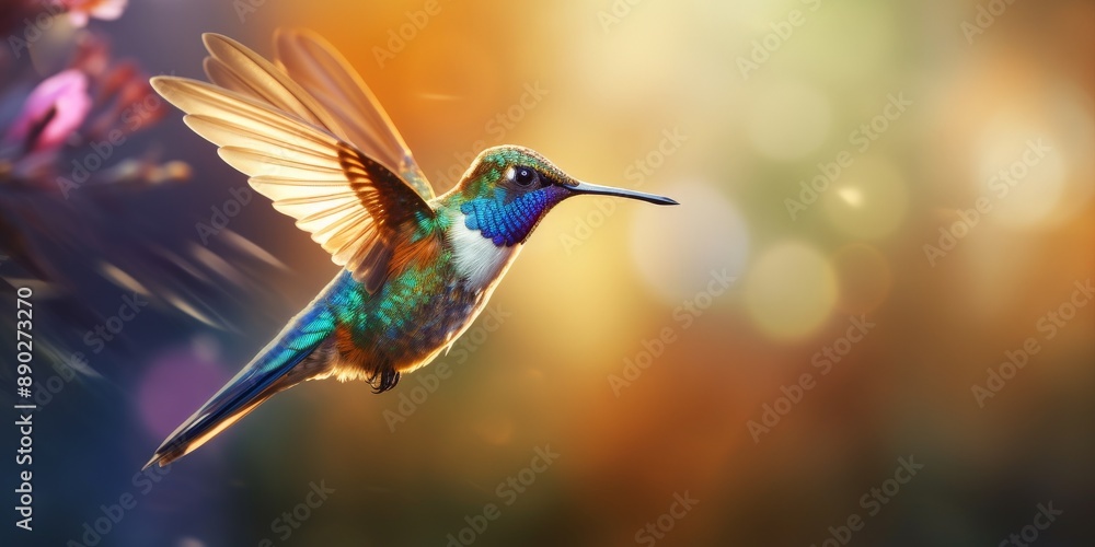Obraz premium A vibrant hummingbird with iridescent blue and green feathers hovers in mid-air, its wings spread wide against a warm golden bokeh background.