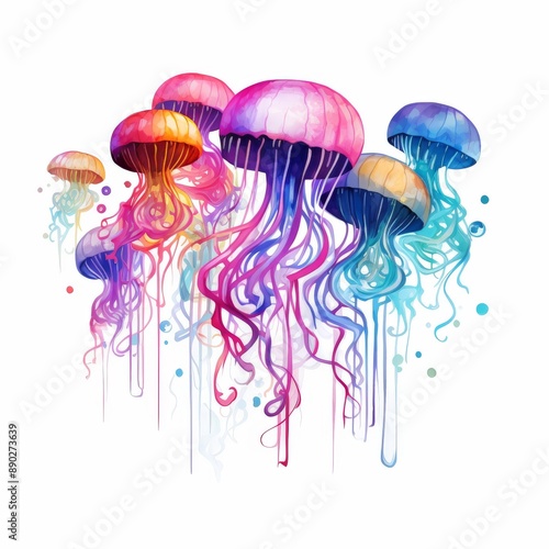 Colorful Jellyfish in Watercolor Style with Pink Blue and Yellow Accents